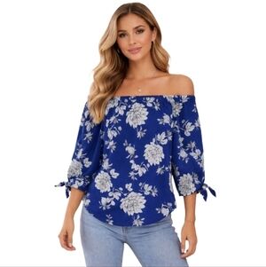 DALIA Off The Shoulder Blouse Blue Floral‎ Chiffon Women's Medium